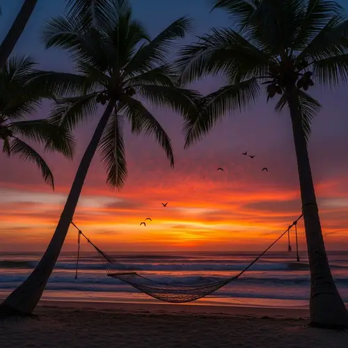 Tropical Beach Sunset: Serene Scene with Warm Colors