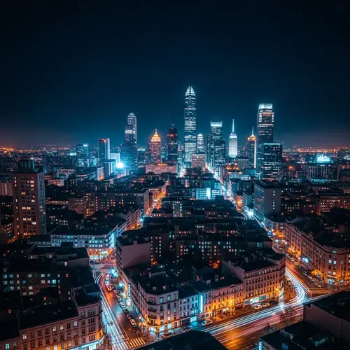 City Night: Sparkling Buildings, Neon Streets & Starlit Sky