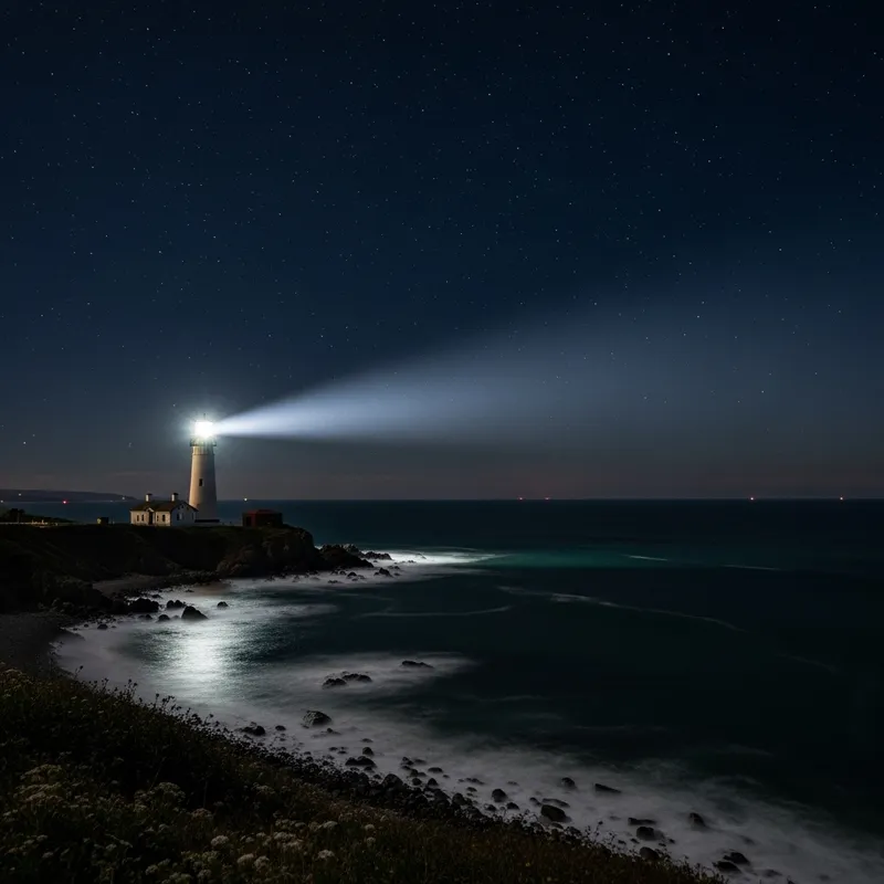 Majestic Seaside Lighthouse at Night Majestic Seaside Lighthouse at Night