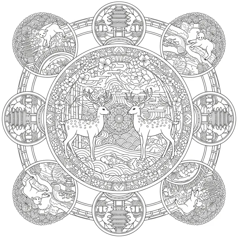 Japanese Garden Mandala Coloring Book: Deers & Lambs
