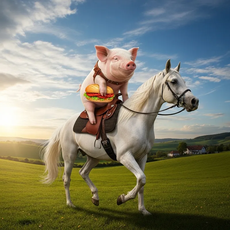 Pig Riding Horse While Eating Chorizo Sandwich