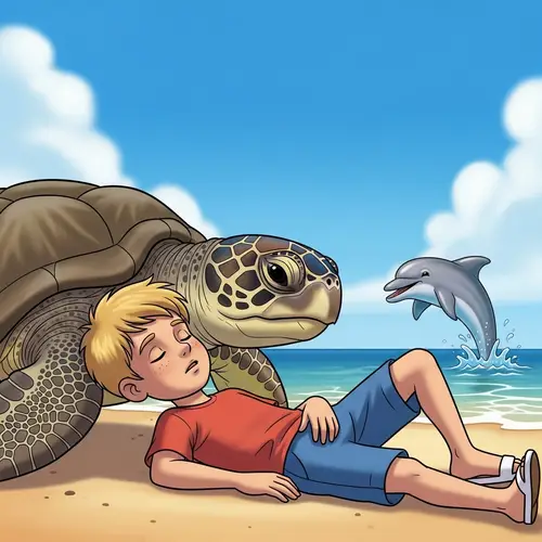 Joyful Beach Adventure: Boy with Turtle & Dolphin
