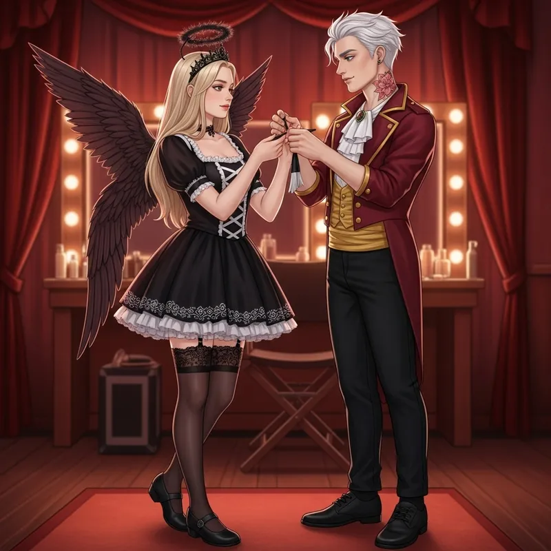 Blonde Girl and White-Haired Werewolf Preparing for Performance