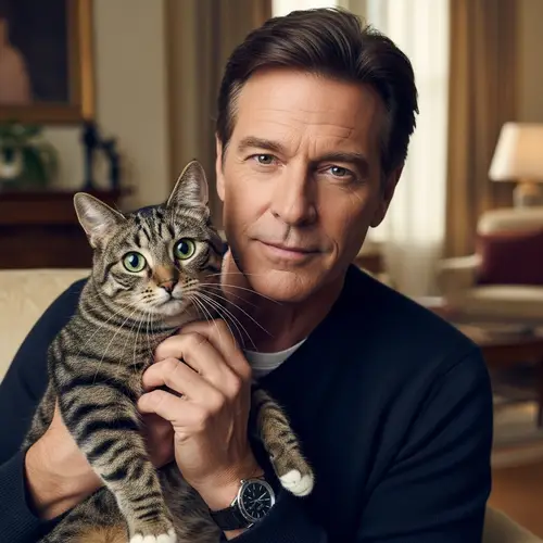 Middle-Aged Man Holding Tabby Cat in Stylish Living Room