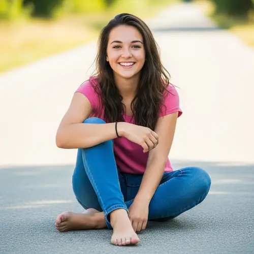 Energetic Youth Culture: Vibrant Teenage Girl Smiling Barefoot