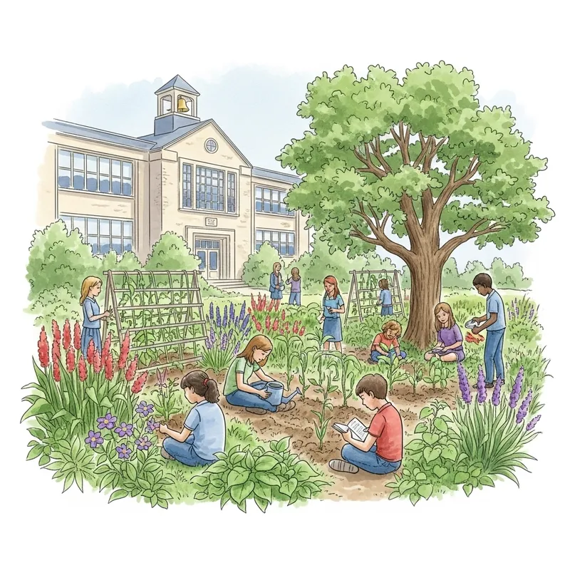 School Garden Watercolor Painting | Lush Greenery & Students Engaged