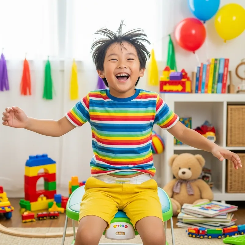 8-Year-Old Asian Boy on Baby Bouncer in Colorful Clothing 8-Year-Old Asian Boy on Baby Bouncer in Colorful Clothing