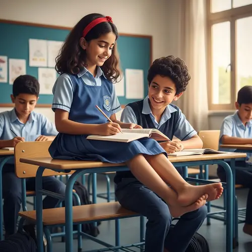 Middle-Eastern School Kids Study Comfortably Barefoot