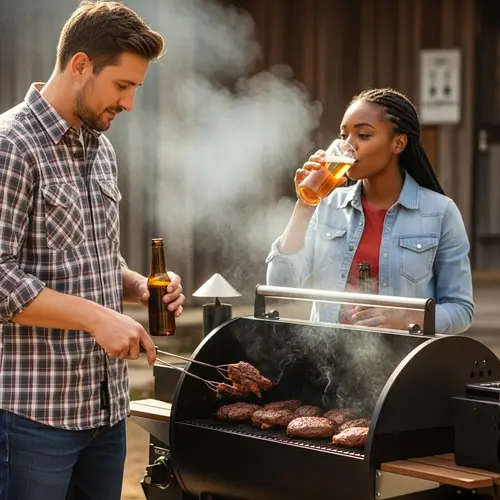 Rustic Outdoor Cooking Scene: Hillbillies Smoking Meat & Drinking Beer