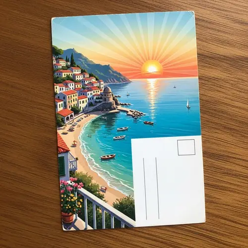 Vintage Coastal Town Sunset Postcard | Idyllic Seaside Illustration