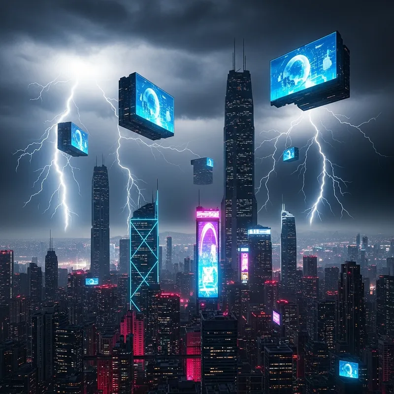 Future Cityscape Glowing under Thunderstorm | Urban Futurism