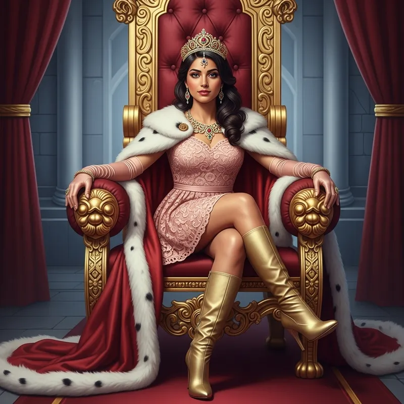 Elegant Princess on Grand Throne with Golden Tiara & Jewels