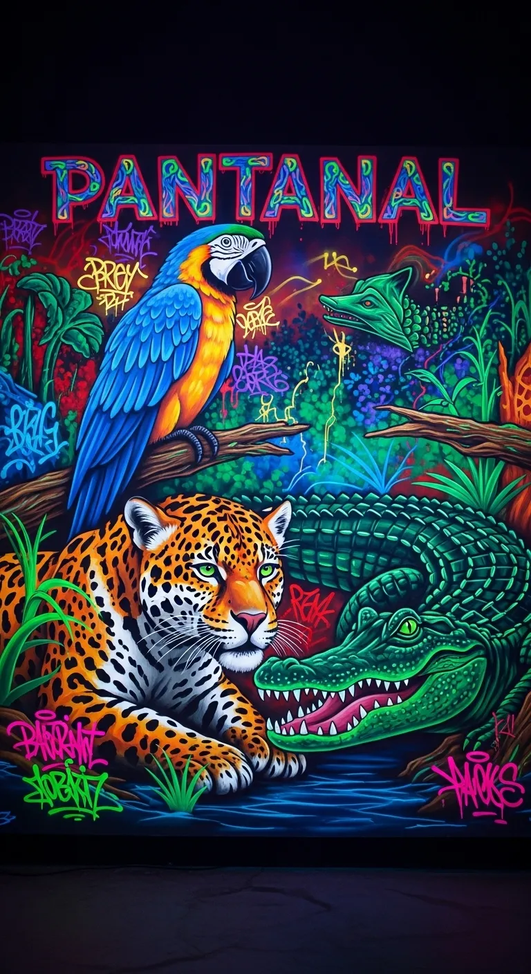 Neon Graffiti Art: Pantanal Jaguar, Macaw, Alligator