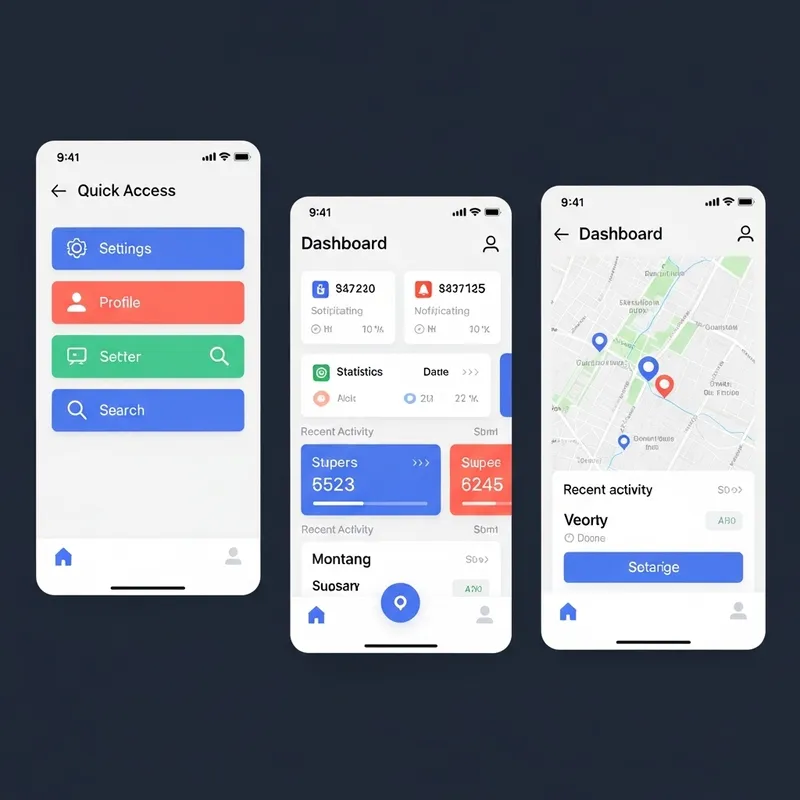 Mobile App Design: Quick Access Buttons, Dashboard, Map Mobile App Design: Quick Access Buttons, Dashboard, Map