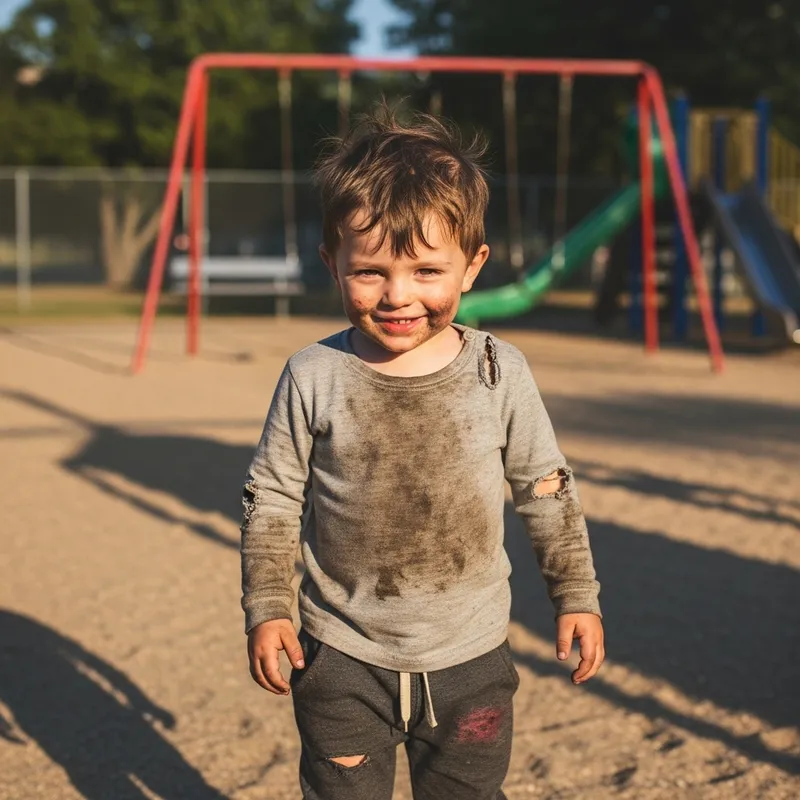 Bruised Little Boy in Tattered Clothes Playing Outdoors