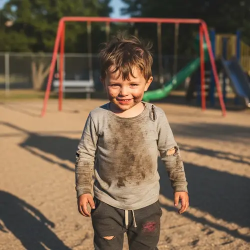 Mischievous Caucasian Boy Playing Outdoors in Tattered Clothes