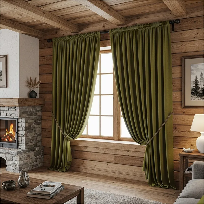 Olive Green Curtains in Rustic Living Room Decor
