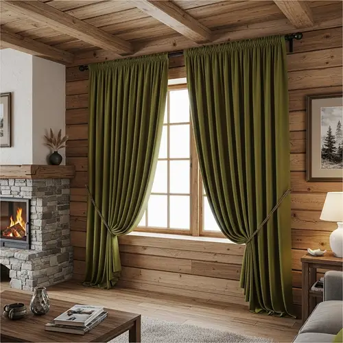 Olive Green Curtains in Rustic Living Room Decor