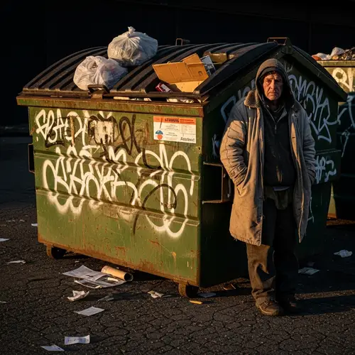 Homeless Person Standing Against Dusty Trash Can