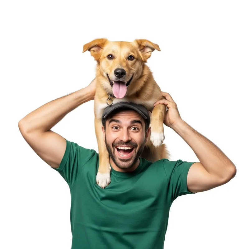 Happy Man Joyfully Balancing Dog on Head