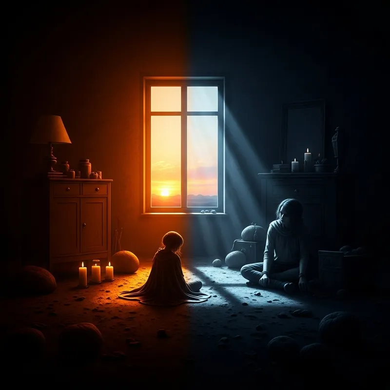 Sadness in Contrasts: Melancholy Scene with Vibrant Light and Shadows