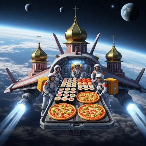Futuristic Spaceship Delivery: Sushi & Pizza in Space