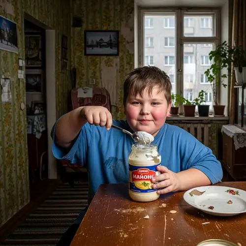 Chubby Boy Eating Mayonnaise in Old Russian Apartment