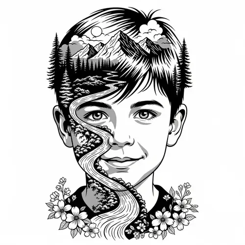 Nature-themed Black & White Stencil of Boy's Face