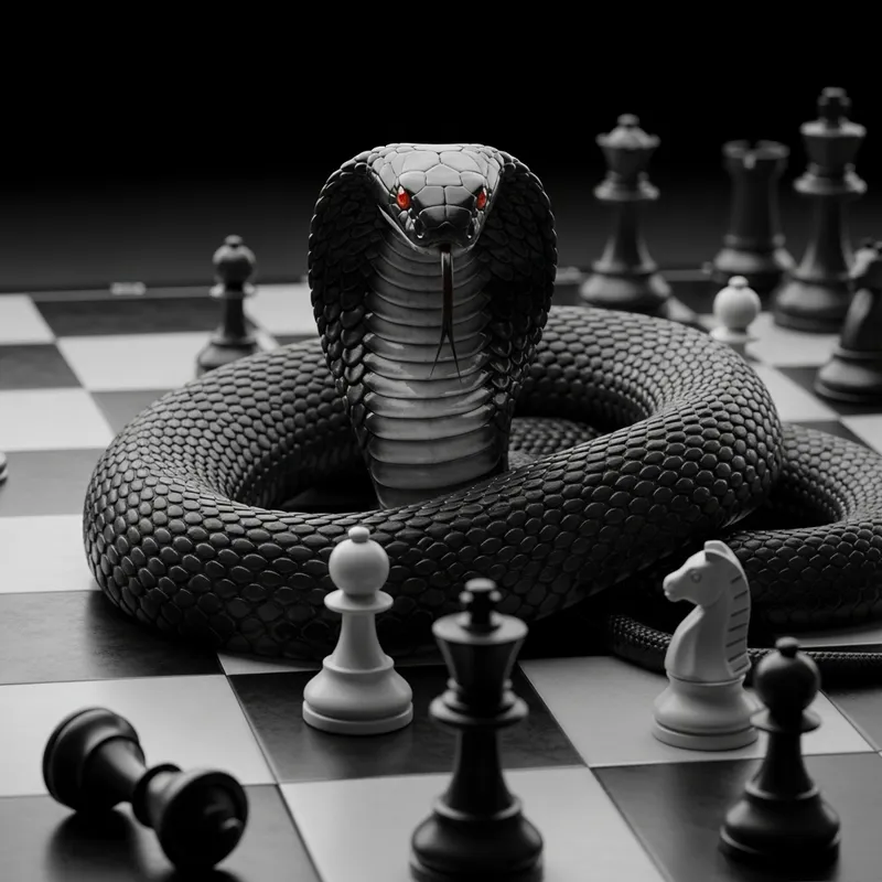 Black Cobra on Chess Board: Tense Encounter with Striking Serpent