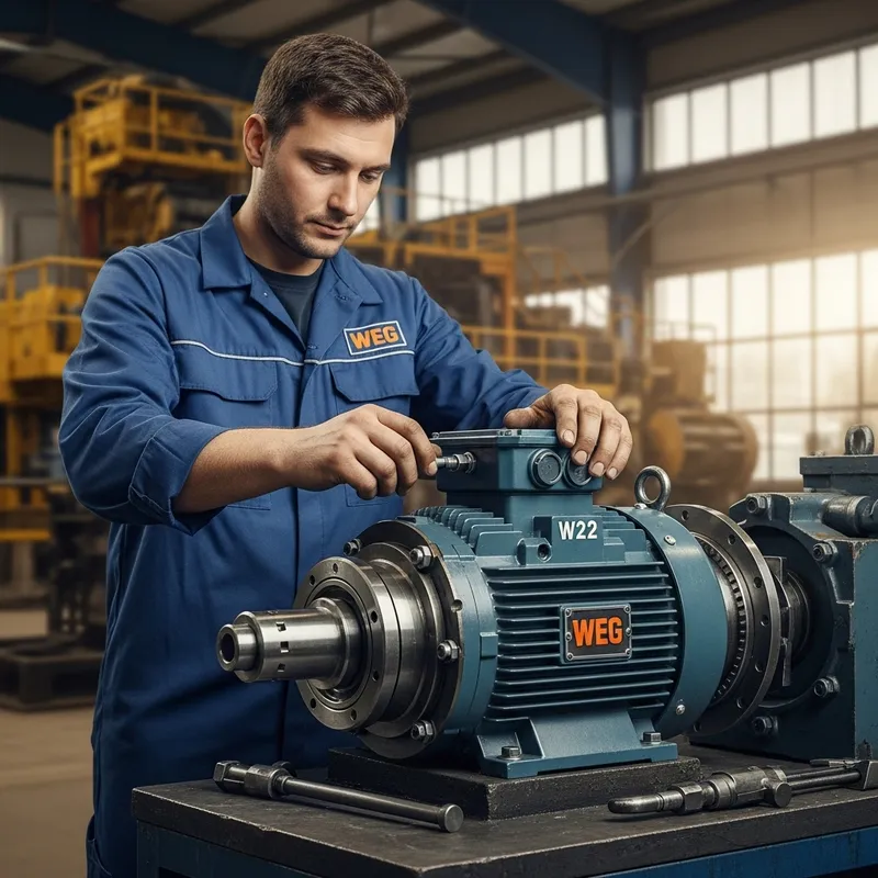 Male Mechanic Removing Energy from W22 Weg Electric Motor in Mining Company Workshop
