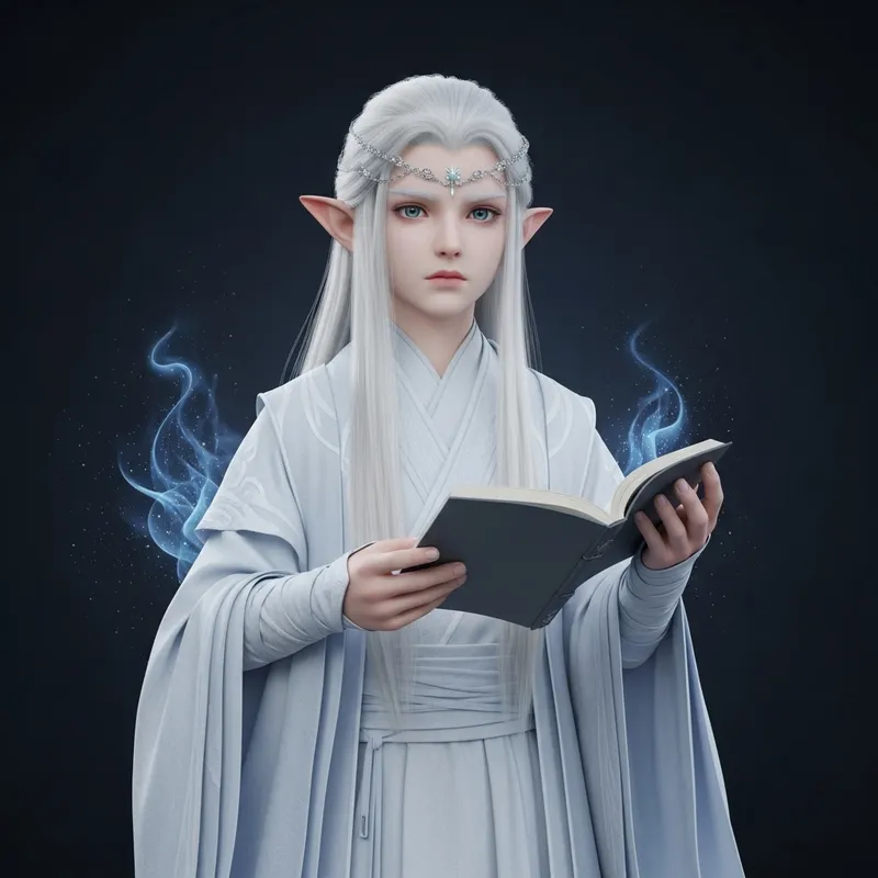 Caucasian Elf Child with Long White Hair in Mystical White Robes