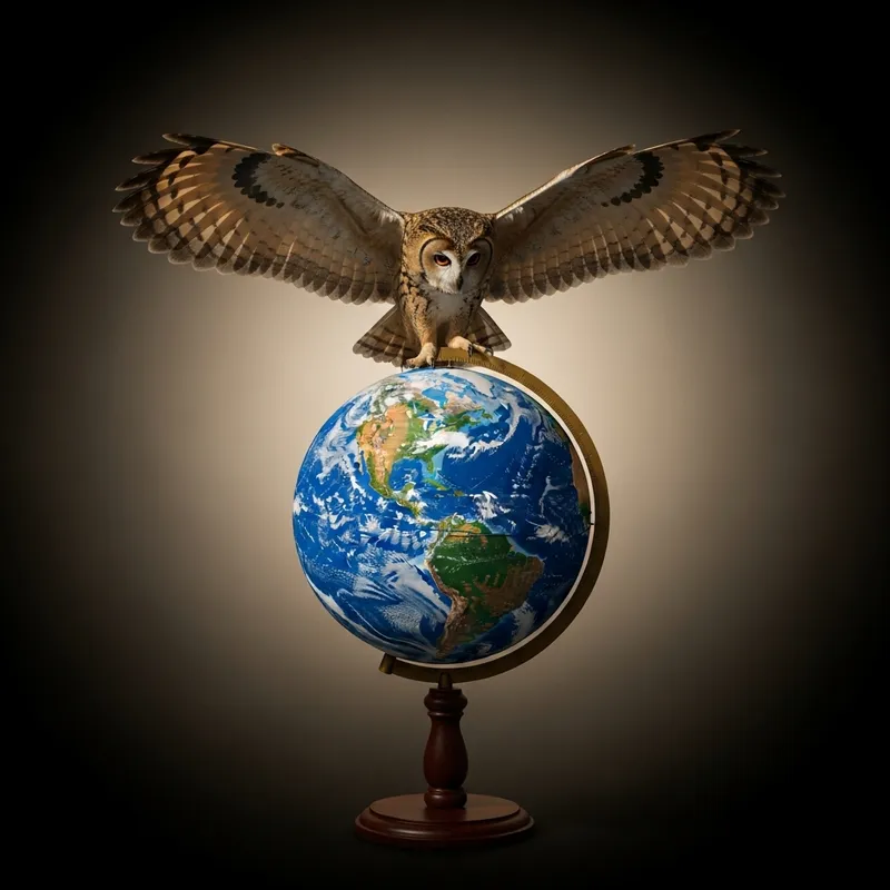 Owl Landing on Globe | Majestic Wood Stand Owl Landing on Globe | Majestic Wood Stand