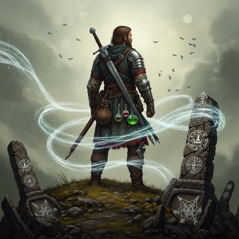 Geralt of Rivia, Medieval Warrior in Earthy Tones - Mystical Saga Illustration