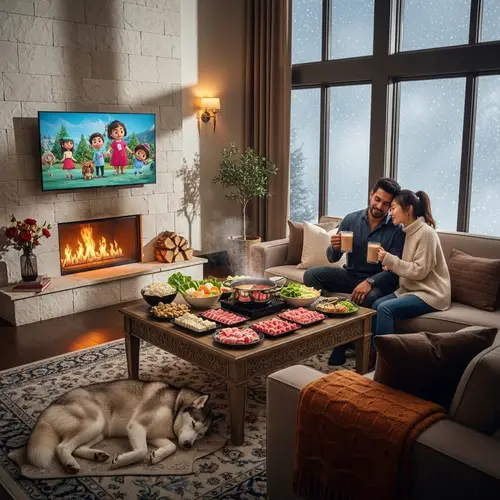 Luxurious Winter Atmosphere in Large House with Diverse Couple and Husky
