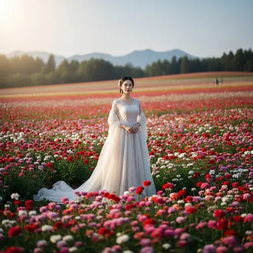 Luxuriously-Dressed Asian Woman amidst Vibrant Flower Field