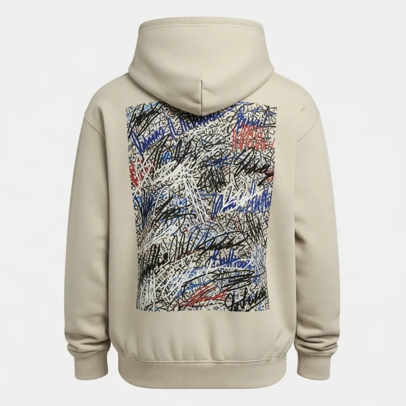 Beige Hoodie with Messy Signature Overlaps