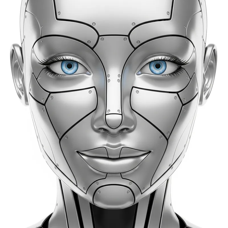 Elegant Feminine Bot Face with Subtle Smile on White Background