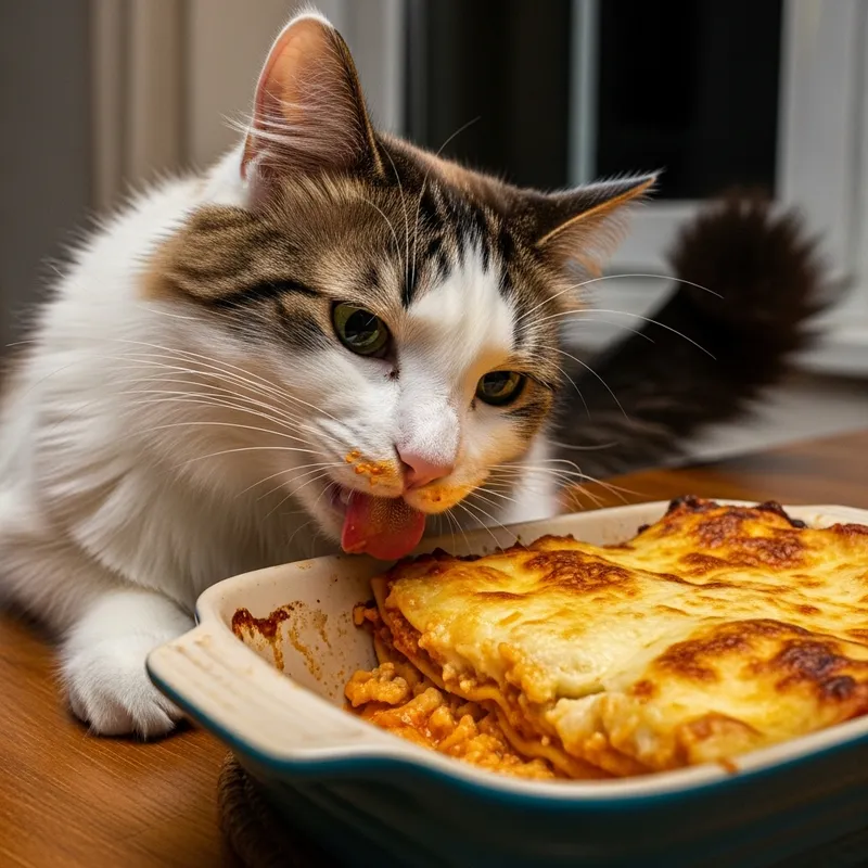 White and Brown Cat Eating Lasagna - Adorable Cat Photos