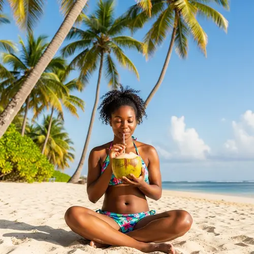 Tropical Beach Beauty: Afro Girl Sipping from Coconut