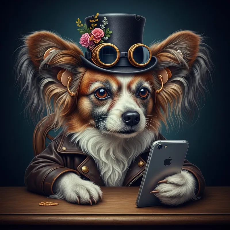 Vibrant Papillon Dog in Colorful Self-Portrait with Grey Beard and Top Hat