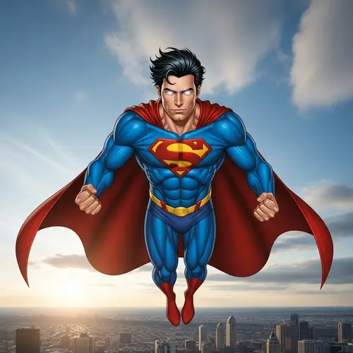 Caucasian Male Superhero in Vibrant Blue Costume Soaring High in the Sky