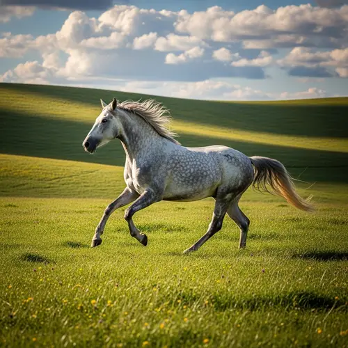 Majestic Grey Horse Galloping in Vast Green Field