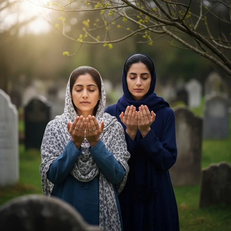 Two Women Praying in Graveyard: Serene Dua Moment