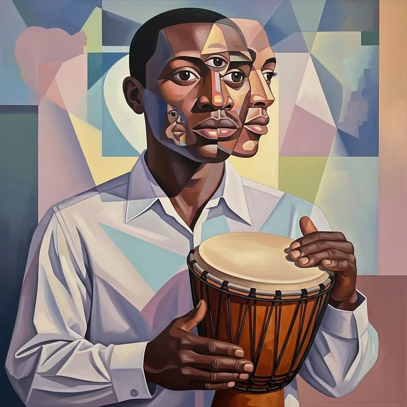 Cubist African American Man Playing Djembe Drum