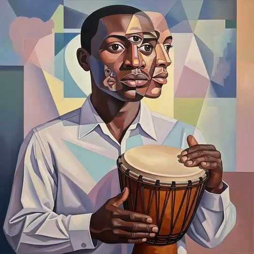 Surrealistic African American Man with Djembe Drum