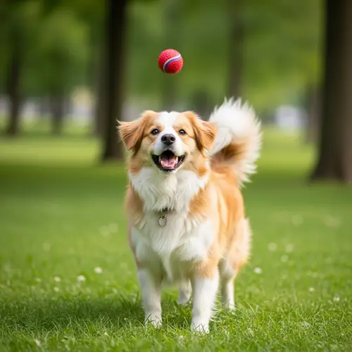 Fluffy Medium-Sized Dog Playing Fetch in Green Park