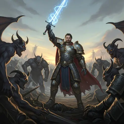 Victorious Warrior Battling Demonic Forces - Epic Battle Scene