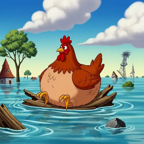 Whimsical Chicken Floating on Driftwood in Surreal Floodscape