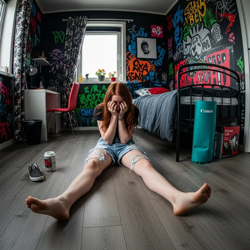 Distraught Red-Haired Teen Girl in Urban Bedroom