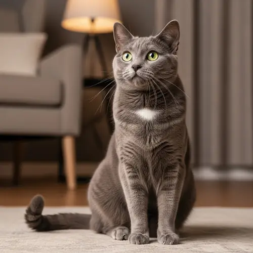 Radiant Green-Eyed Grey Domestic Short Hair Cat | Cozy Home Interior